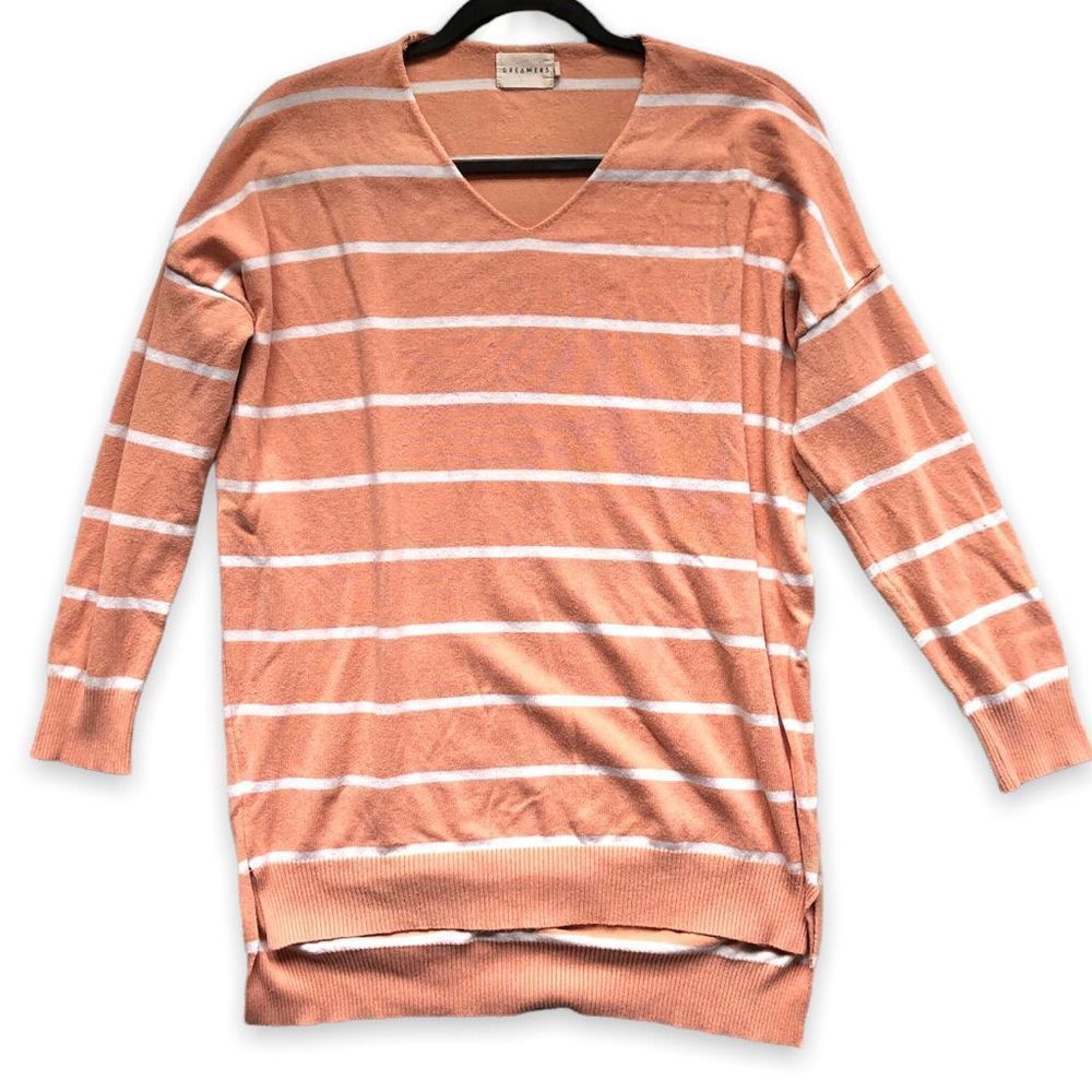 DREAMERS size medium / large peach orange white striped v neck cozy sweater 176